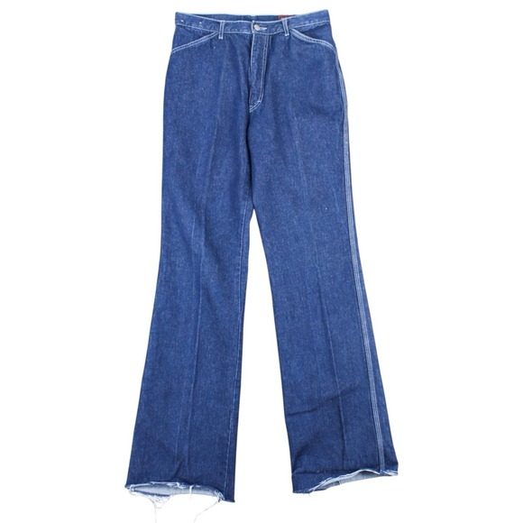 brittania Denim - Vintage 70s Brittania Jeans Denim Flare Leg Dark Wash High Rise Raw Hem Size 33